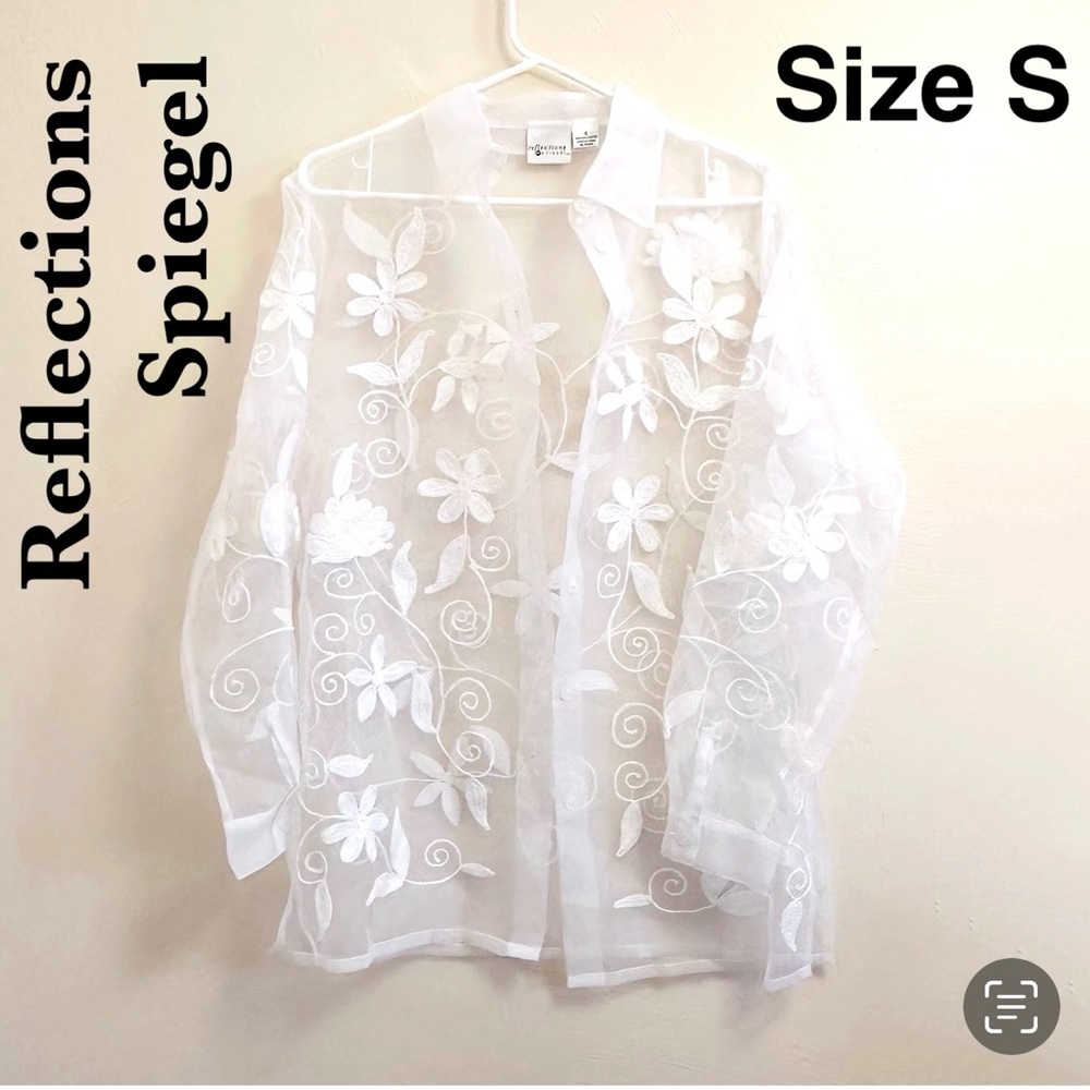 White Floral Sheer Blouse Button Down Shirt Top Tunic